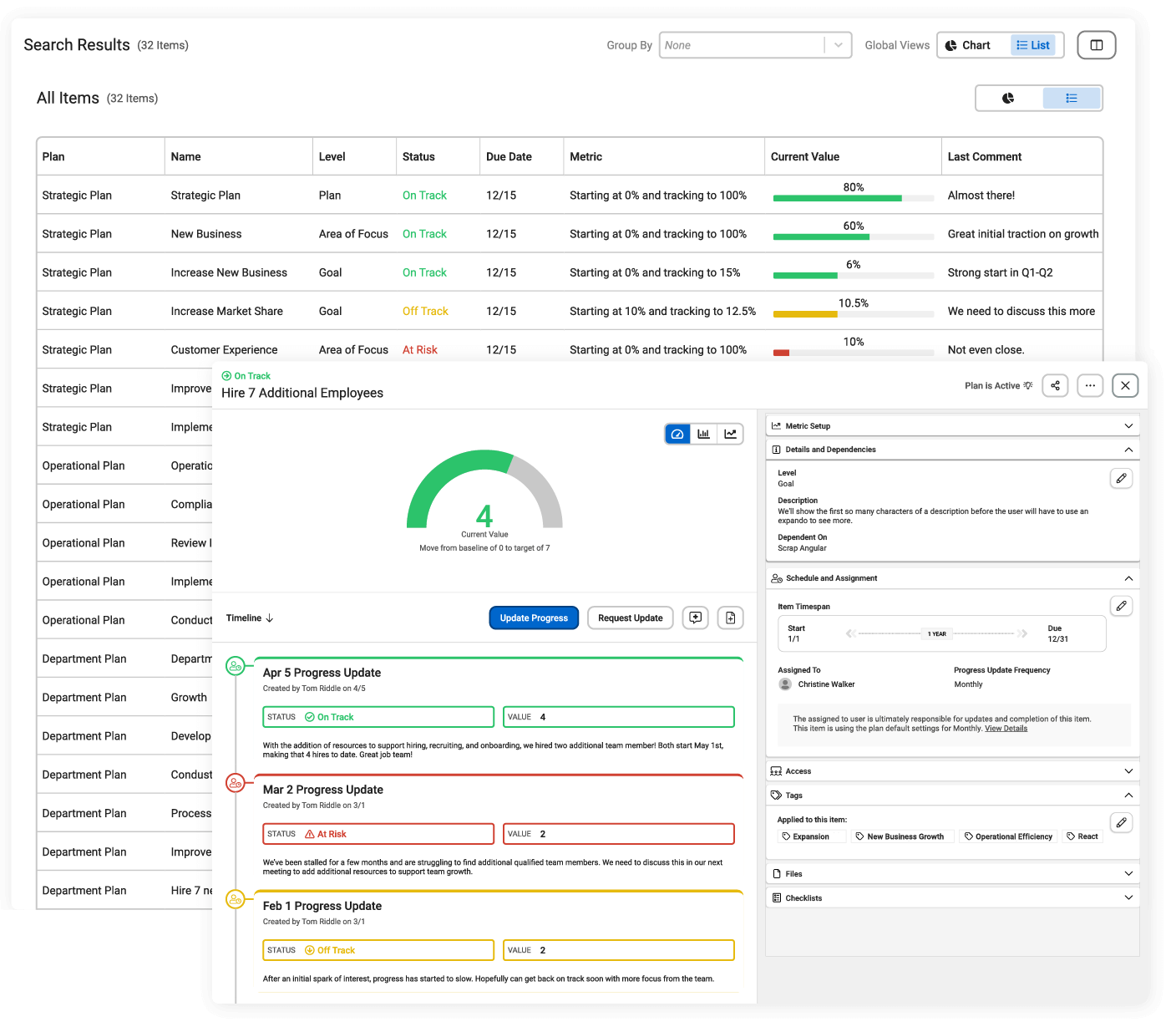 The list view & plan item card display filterable progress