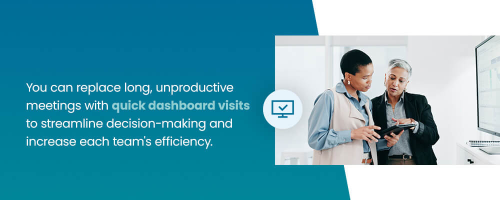 You can replace long, unproductive meetings with quick dashboard visits to streamline decision-making and increase each team's efficiency.