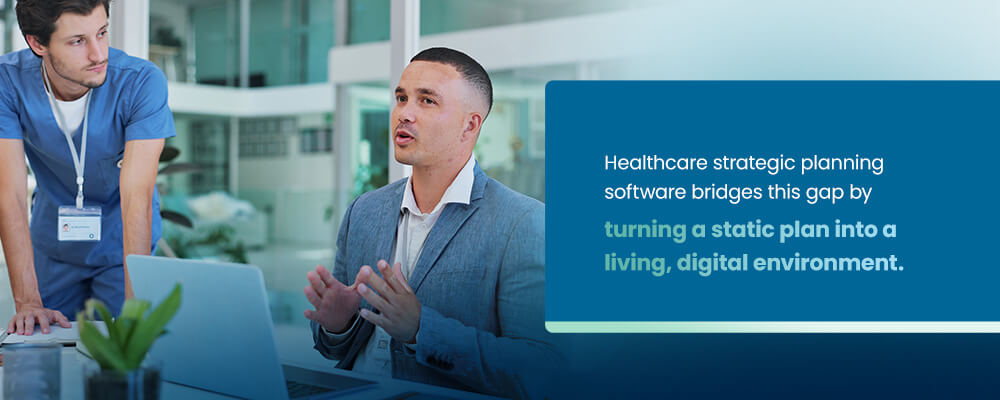 03-Healthcare-strategic-planning Healthcare strategic planning software bridges this gap by turning a static plan into a living, digital environment.